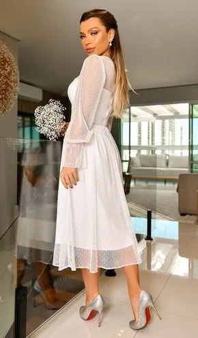 Elegant A-Line Long Sleeve Tea Length Wedding Guest Dresses Evening Party Dresses VK0826001