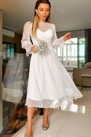 Elegant A-Line Long Sleeve Tea Length Wedding Guest Dresses Evening Party Dresses VK0826001
