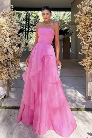 Elegant Strapless Layered Pink Prom Dresses Long, Strapless Pink Formal Graduation Evening Dresses KPP1744