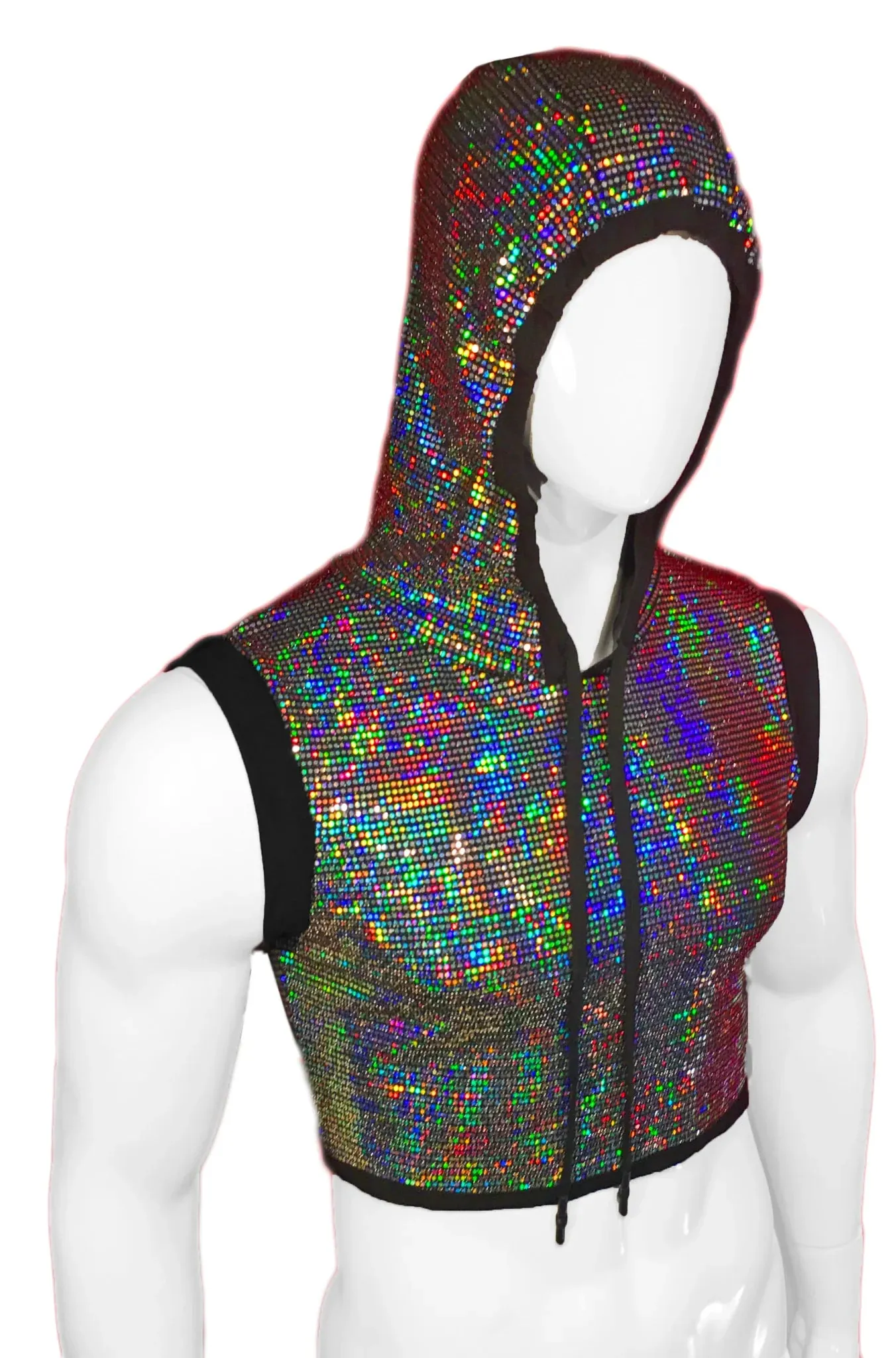 Flat Sequins Hooded Crop Top - BLACK HOLOGRAPHIC