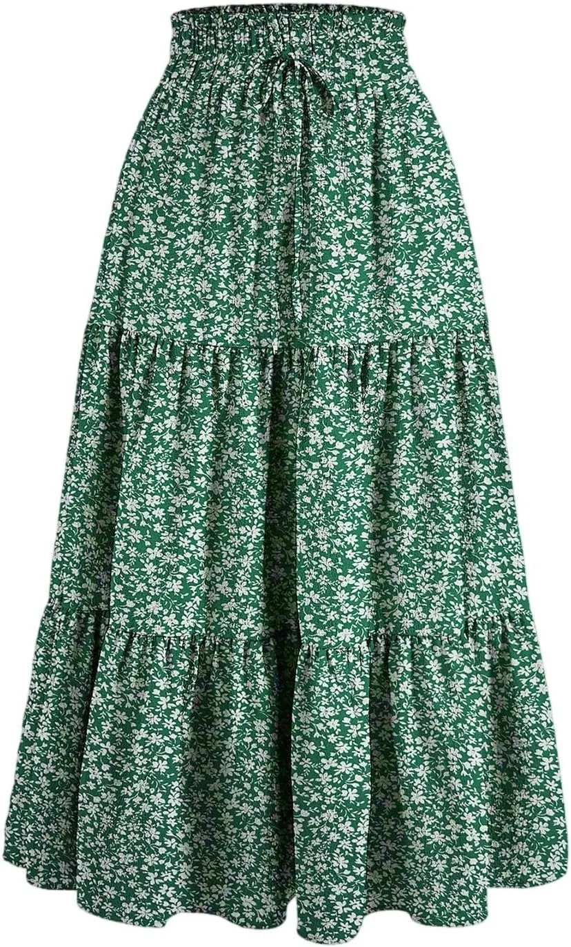 Floral Midi Skirts for Women Casual Swing Tiered A-Line Flowy Long Skirt Loose Comfy Elastic High Waisted Y2k Skirts