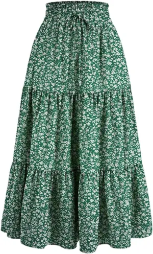 Floral Midi Skirts for Women Casual Swing Tiered A-Line Flowy Long Skirt Loose Comfy Elastic High Waisted Y2k Skirts