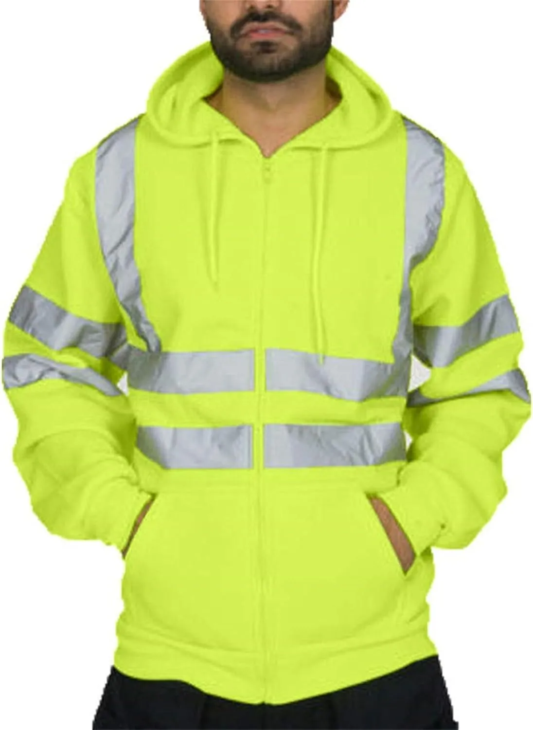 High Visibility Safety Hoodie Jacket for Men Class 3 Hi Vis Fleece Zip Up Work Construction Jackets With Pockets