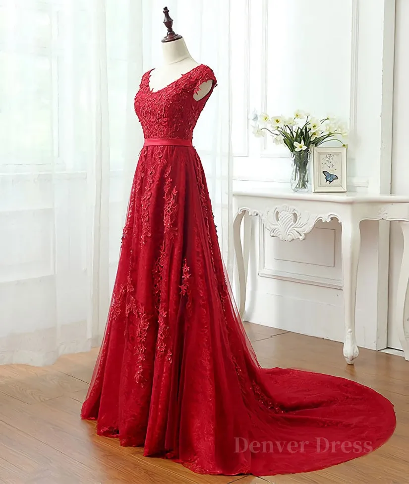 kamahe Burgundy tulle lace applique long prom dress, burgundy evening dress