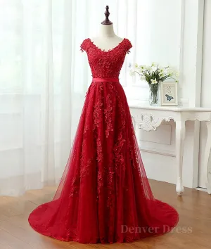 kamahe Burgundy tulle lace applique long prom dress, burgundy evening dress