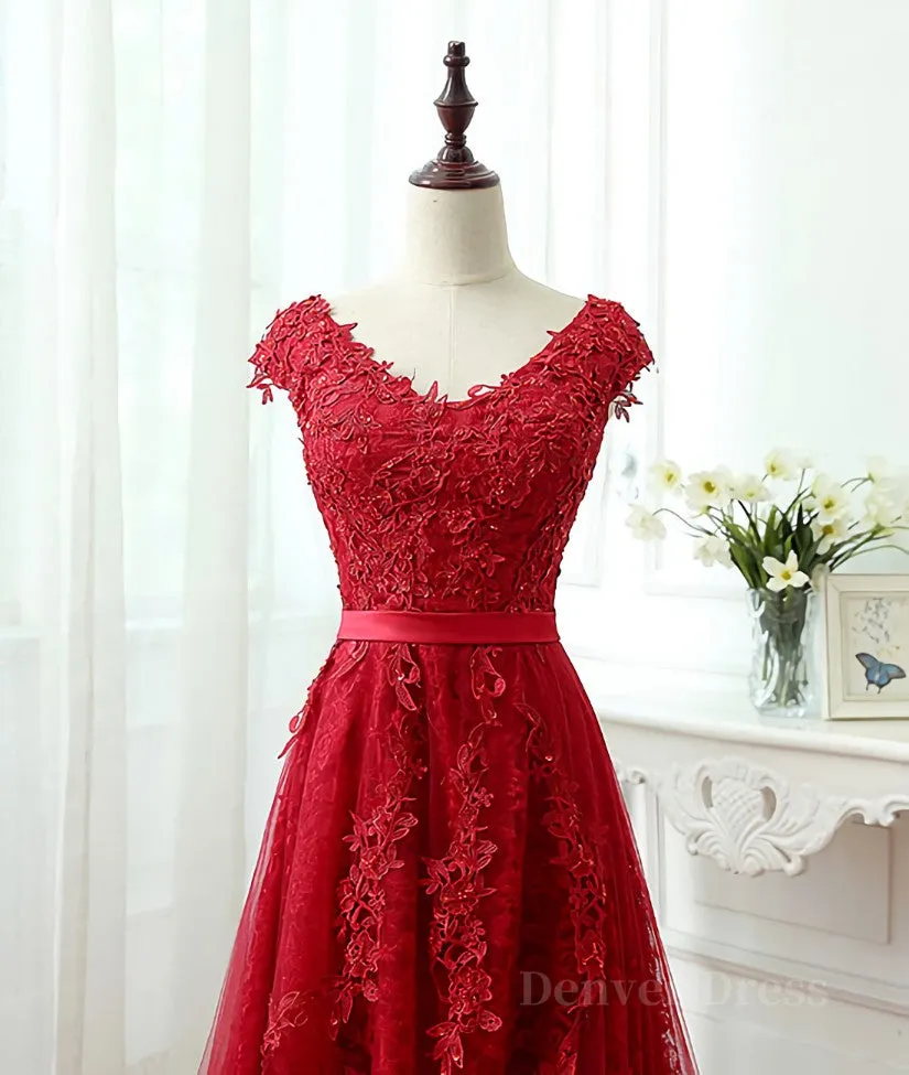 kamahe Burgundy tulle lace applique long prom dress, burgundy evening dress
