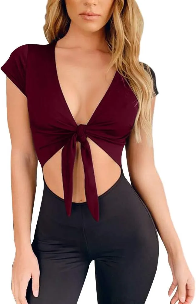 LCNBA Deep V Neck Short Sleeve Crop Top,Bandage Cross Wrap Tie Up Crop Tops