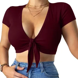 LCNBA Deep V Neck Short Sleeve Crop Top,Bandage Cross Wrap Tie Up Crop Tops