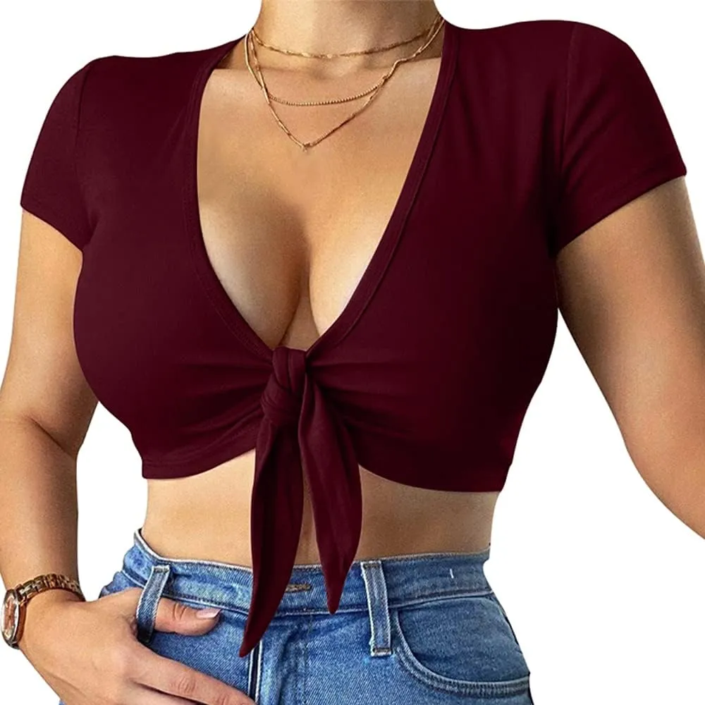 LCNBA Deep V Neck Short Sleeve Crop Top,Bandage Cross Wrap Tie Up Crop Tops