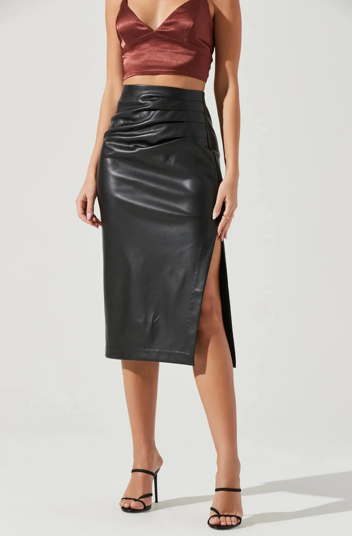 MELODY FAUX LEATHER MIDI SKIRT