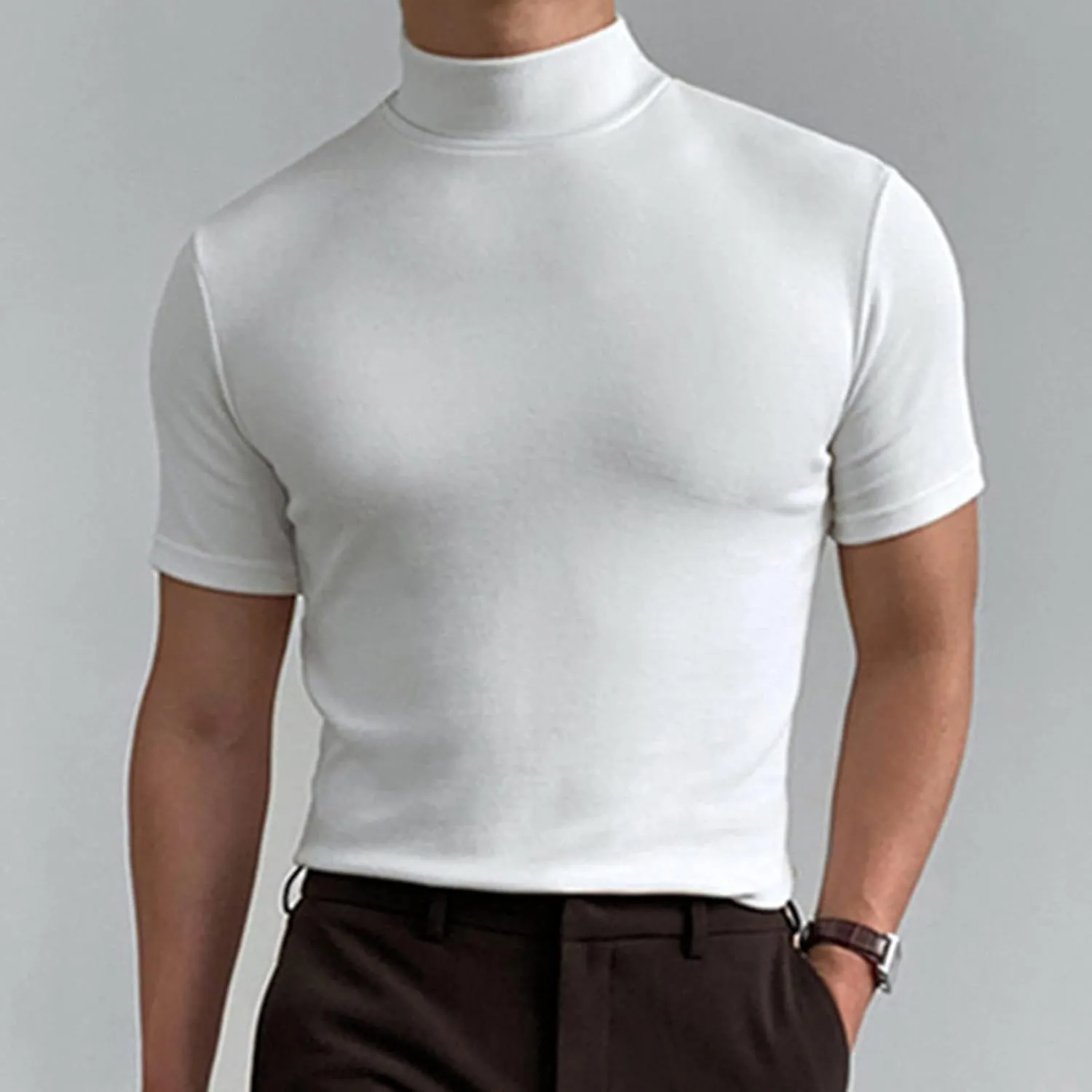 Mens Basic Mock Turtleneck Short Sleeve Solid Casual T-Shirt Pullover Tops Slim Fit Undershirt