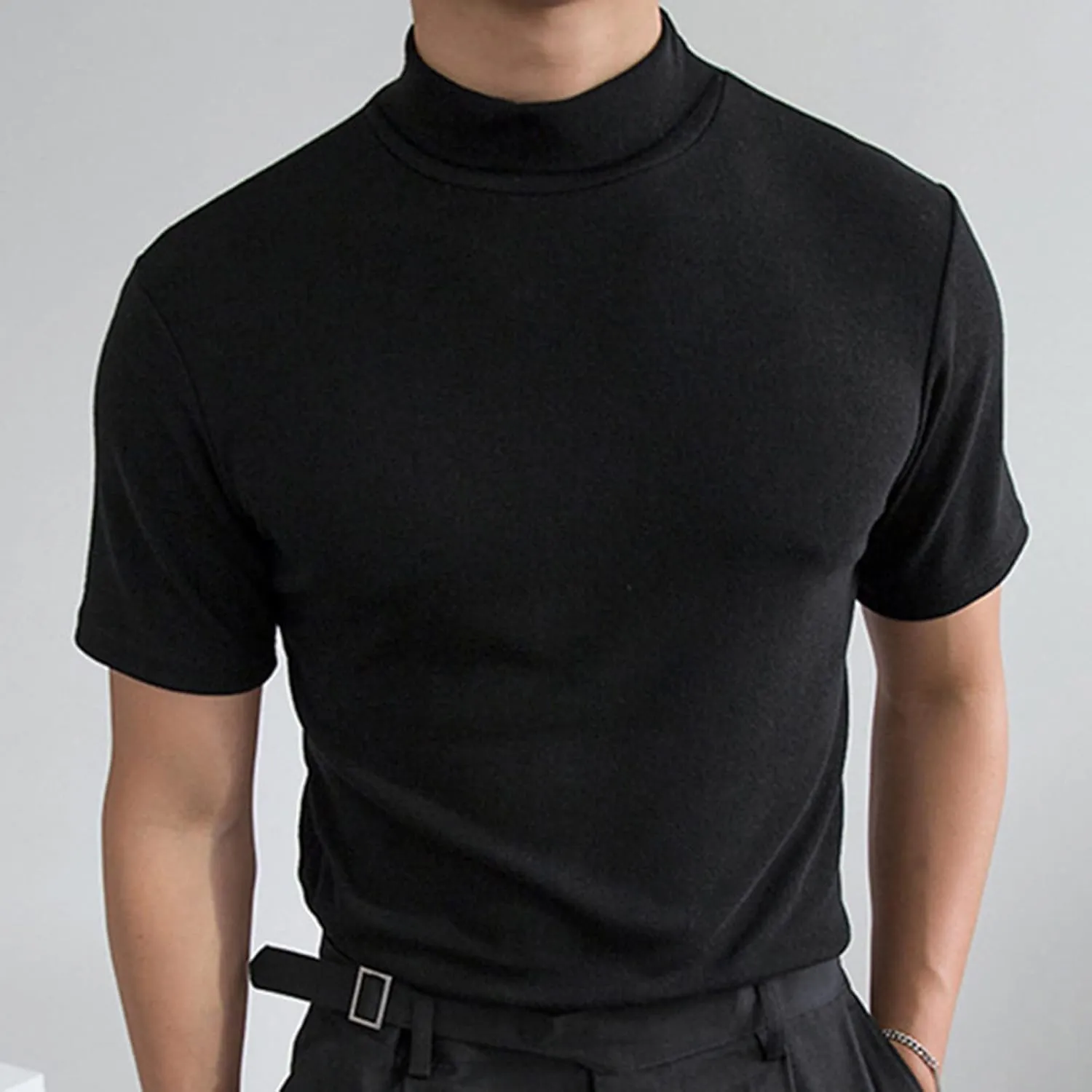 Mens Basic Mock Turtleneck Short Sleeve Solid Casual T-Shirt Pullover Tops Slim Fit Undershirt