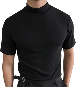 Mens Basic Mock Turtleneck Short Sleeve Solid Casual T-Shirt Pullover Tops Slim Fit Undershirt