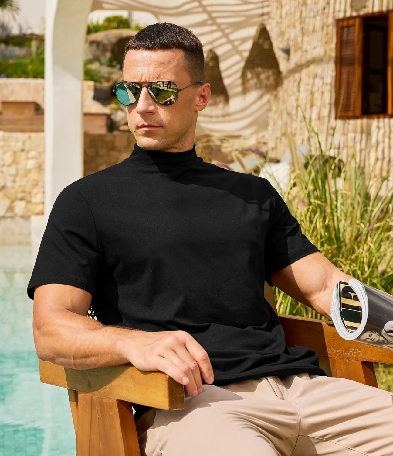Men's Mock Turtleneck Short Sleeve Soft Lightweight Casual Basic T-Shirts Solid Pullover Tops