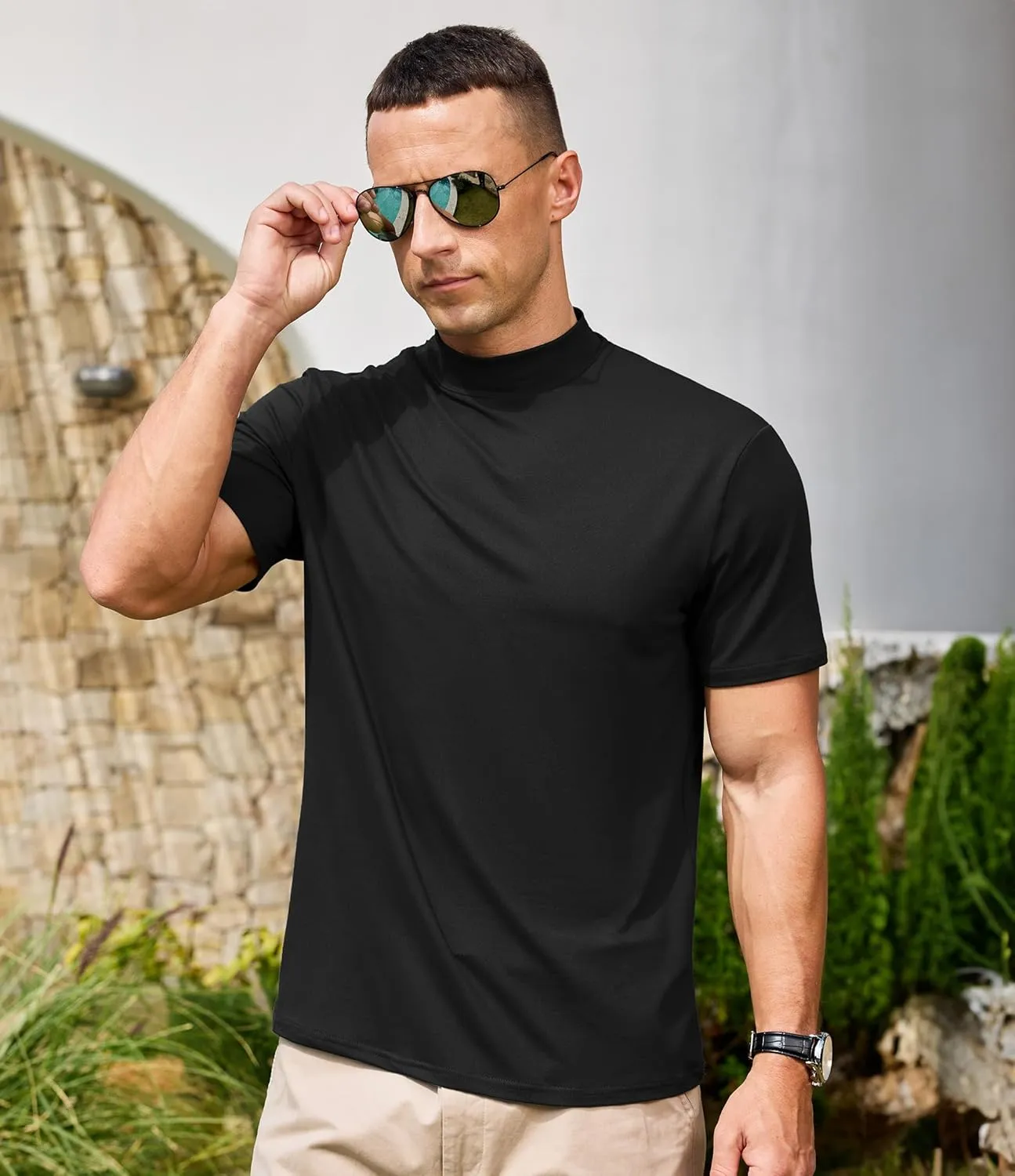 Men's Mock Turtleneck Short Sleeve Soft Lightweight Casual Basic T-Shirts Solid Pullover Tops