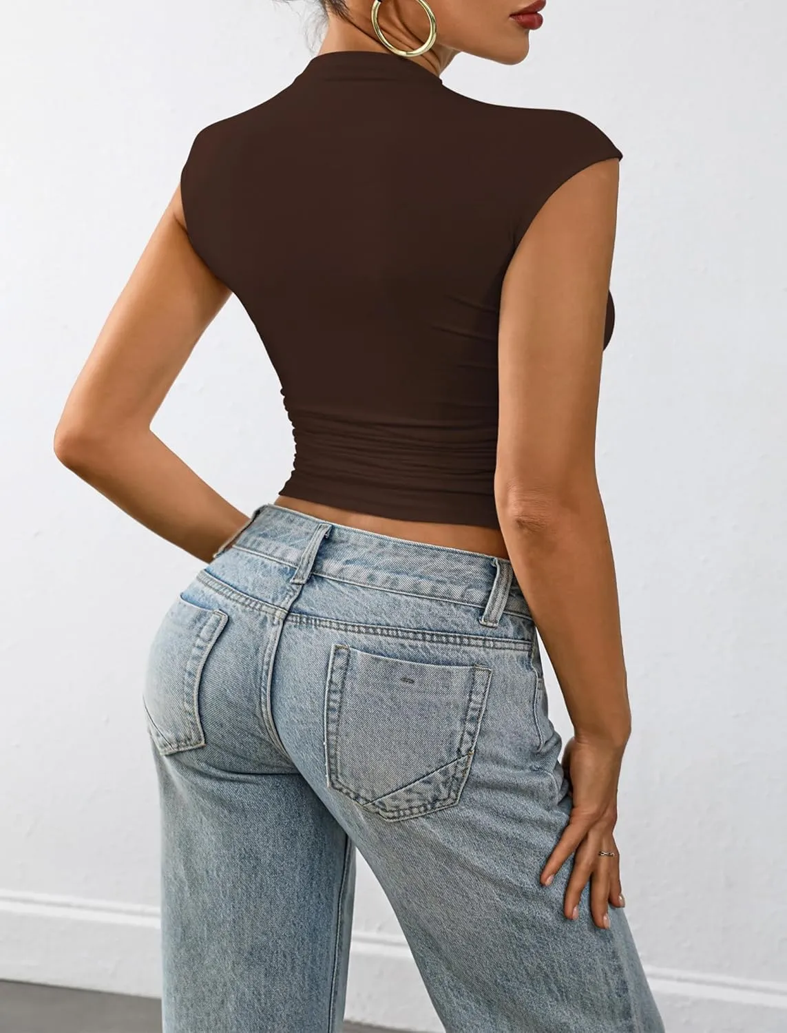 Nasperee Women Sleeveless/Cap Sleeve Mock Turtleneck Tank Tops Slim Fit Side Ruched Stretch Crop Y2K Tee Shirts