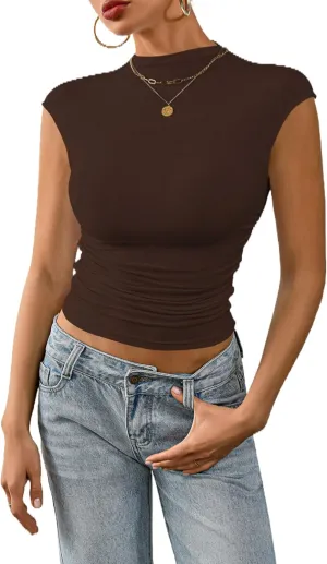 Nasperee Women Sleeveless/Cap Sleeve Mock Turtleneck Tank Tops Slim Fit Side Ruched Stretch Crop Y2K Tee Shirts