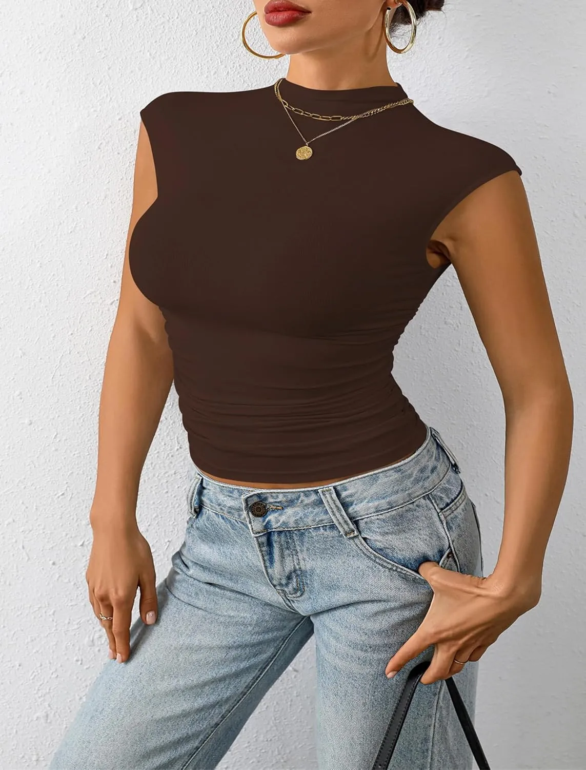 Nasperee Women Sleeveless/Cap Sleeve Mock Turtleneck Tank Tops Slim Fit Side Ruched Stretch Crop Y2K Tee Shirts