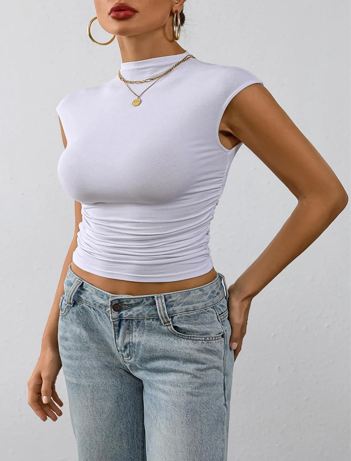 Nasperee Women Sleeveless/Cap Sleeve Mock Turtleneck Tank Tops Slim Fit Side Ruched Stretch Crop Y2K Tee Shirts