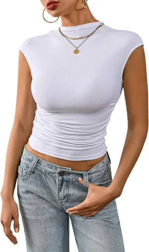 Nasperee Women Sleeveless/Cap Sleeve Mock Turtleneck Tank Tops Slim Fit Side Ruched Stretch Crop Y2K Tee Shirts