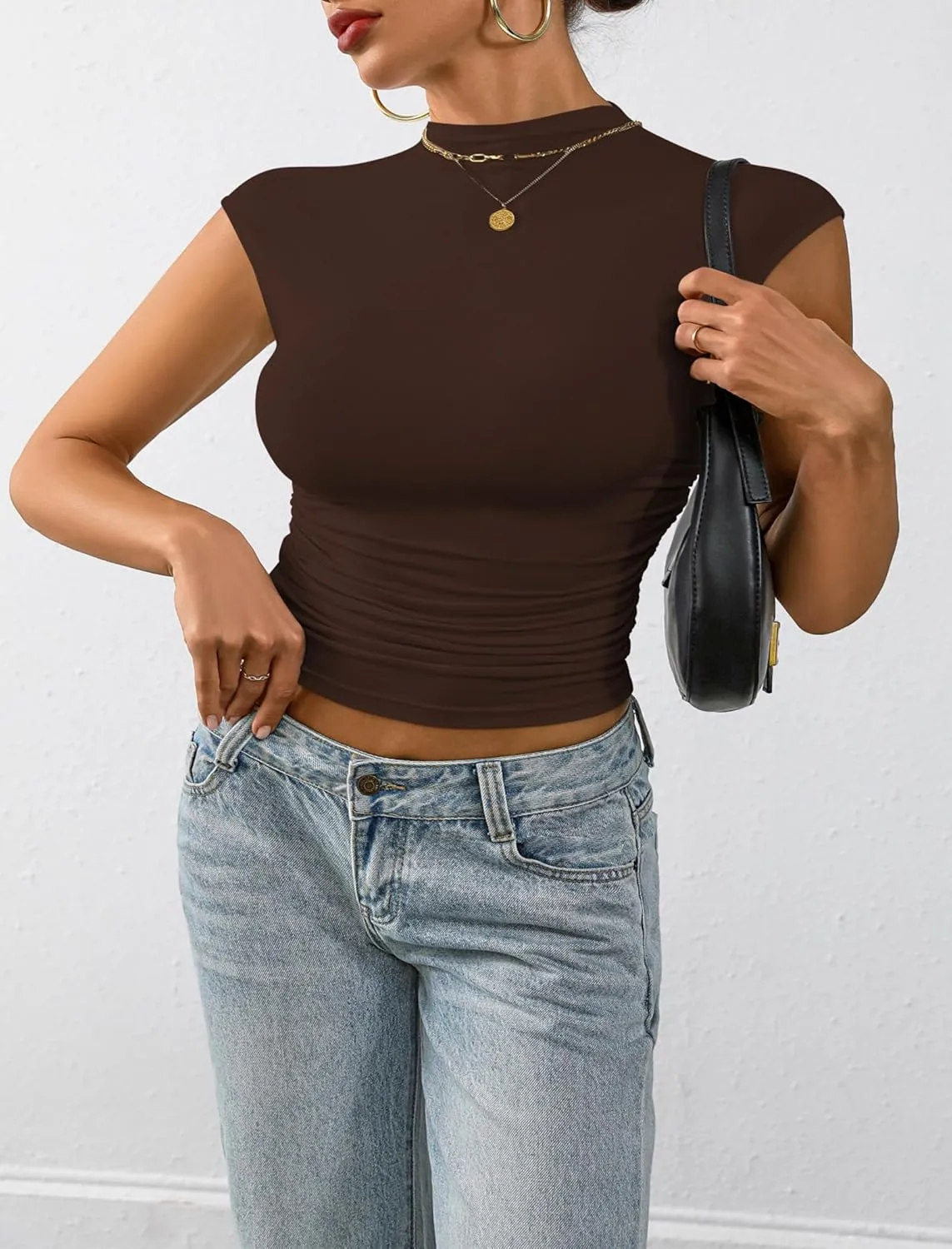 Nasperee Women Sleeveless/Cap Sleeve Mock Turtleneck Tank Tops Slim Fit Side Ruched Stretch Crop Y2K Tee Shirts
