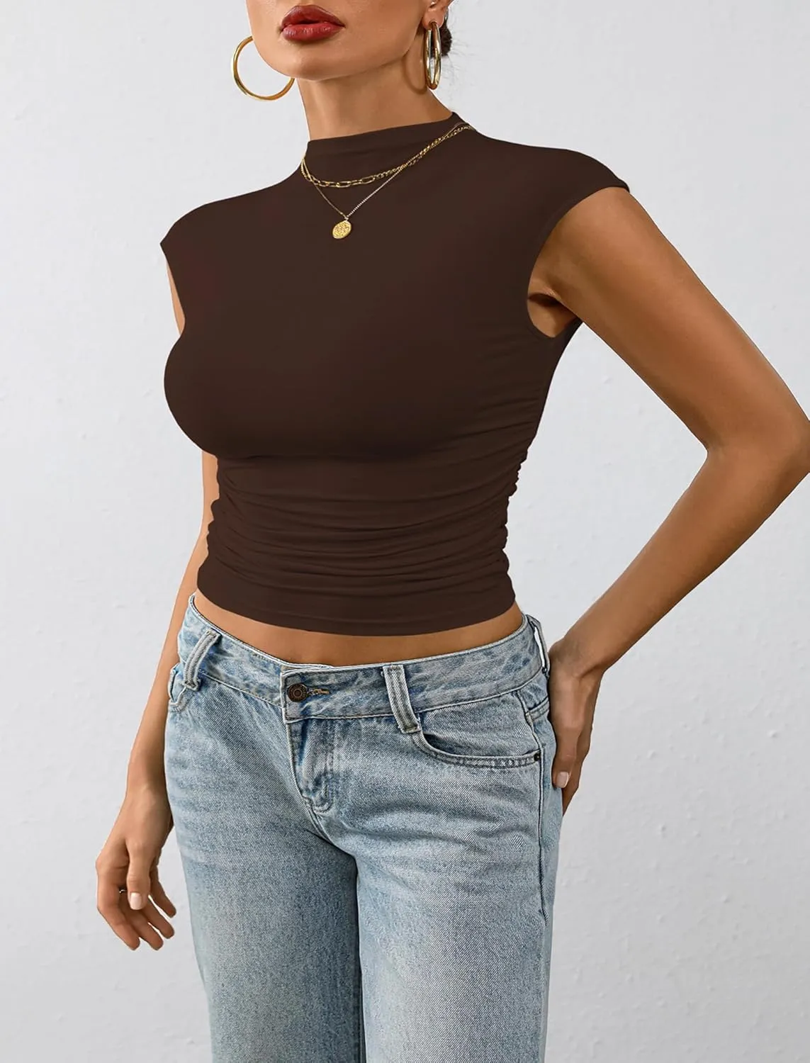 Nasperee Women Sleeveless/Cap Sleeve Mock Turtleneck Tank Tops Slim Fit Side Ruched Stretch Crop Y2K Tee Shirts