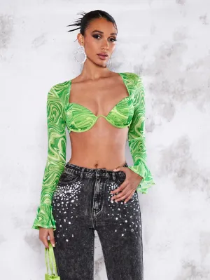 SHEIN BAE Marble Print Flounce Sleeve Crop Top
