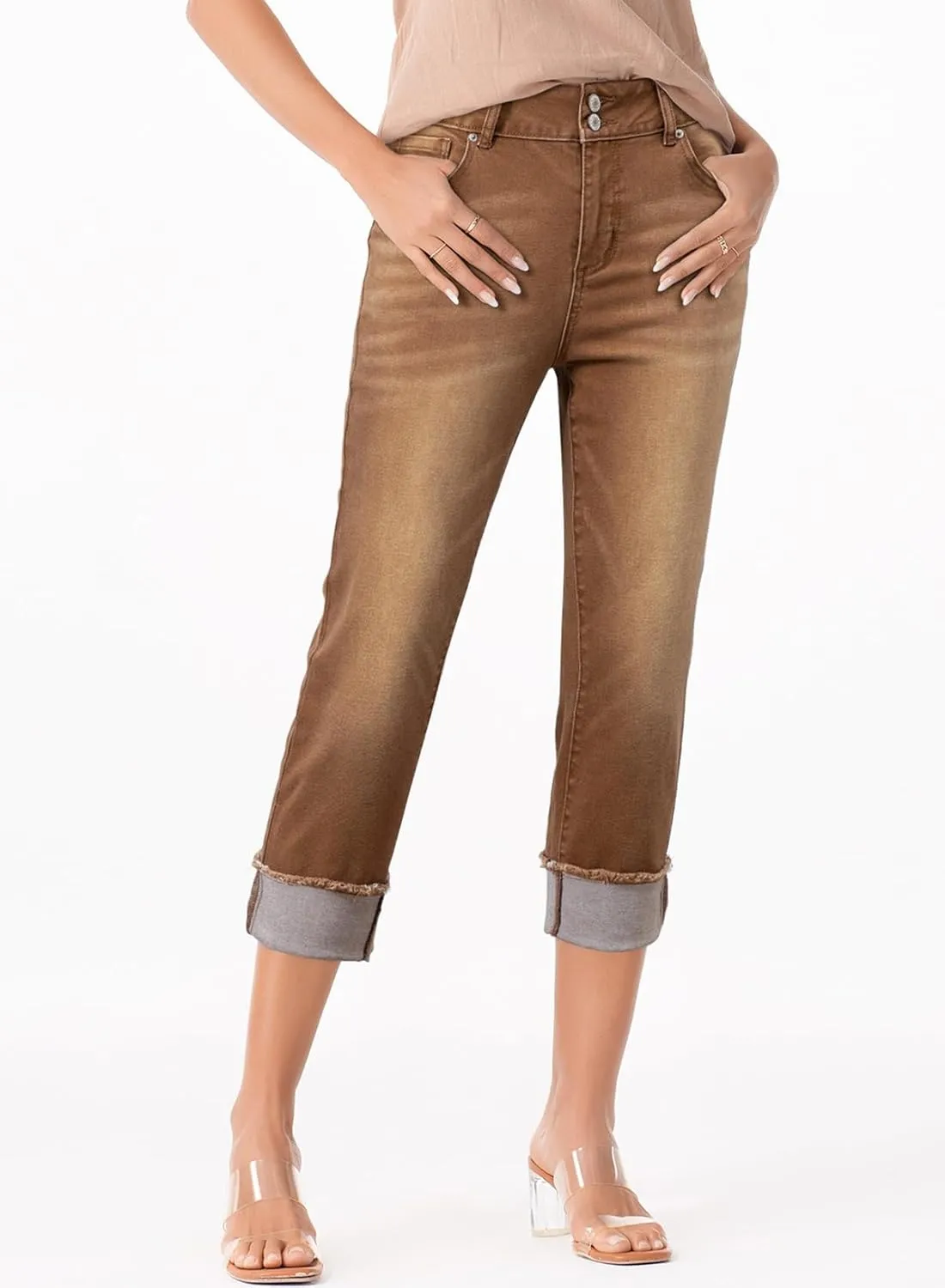 Sidefeel Women's Capri Jeans High Waisted Stretchy Roll-up Skinny Cuffed Cropped Zimbaplatinum Summer Capri Pants
