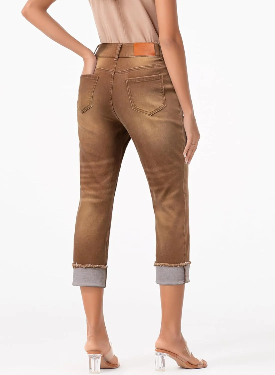 Sidefeel Women's Capri Jeans High Waisted Stretchy Roll-up Skinny Cuffed Cropped Zimbaplatinum Summer Capri Pants