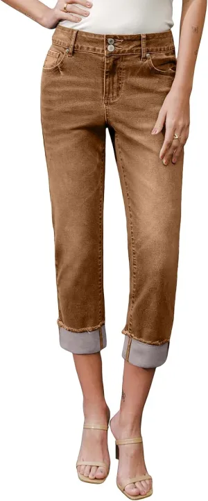 Sidefeel Women's Capri Jeans High Waisted Stretchy Roll-up Skinny Cuffed Cropped Zimbaplatinum Summer Capri Pants
