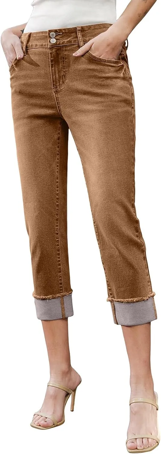 Sidefeel Women's Capri Jeans High Waisted Stretchy Roll-up Skinny Cuffed Cropped Zimbaplatinum Summer Capri Pants