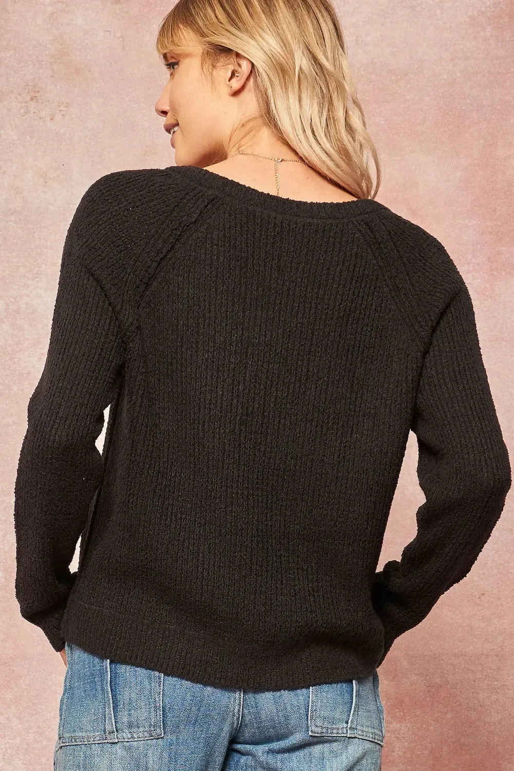 Solid Knit V-Neck Raglan Sweater