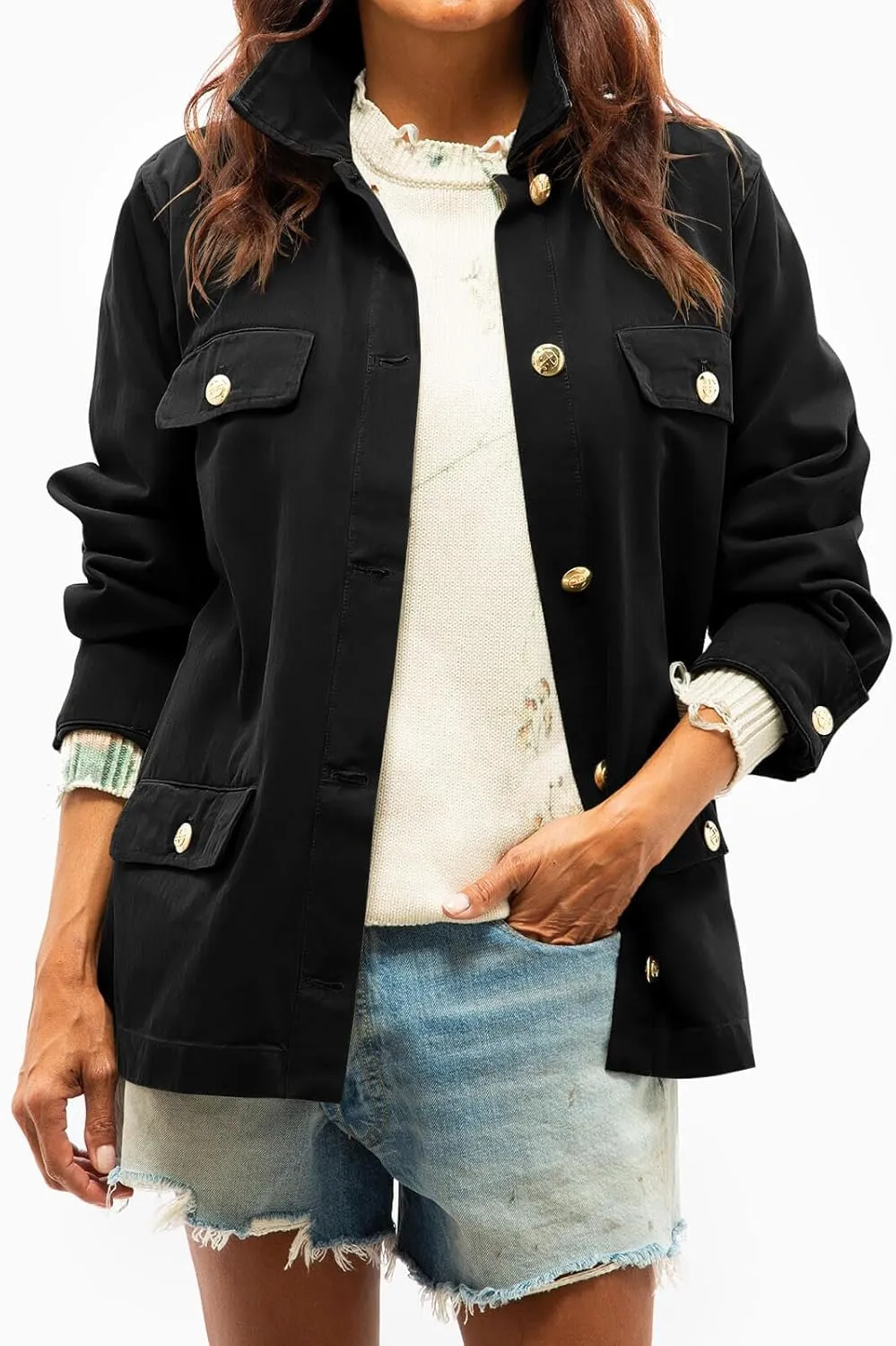 Tankaneo Womens Oversized Casual Jackets Military Utility Button Down Long Sleeve Cotton Shacket