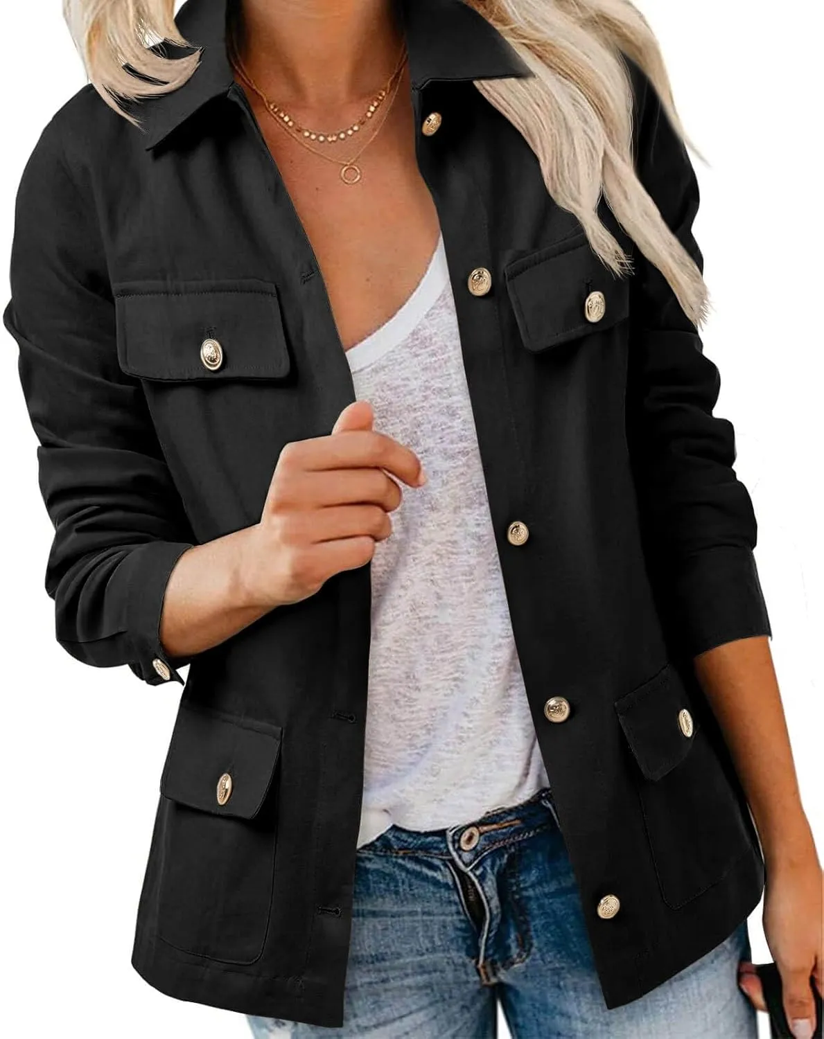 Tankaneo Womens Oversized Casual Jackets Military Utility Button Down Long Sleeve Cotton Shacket