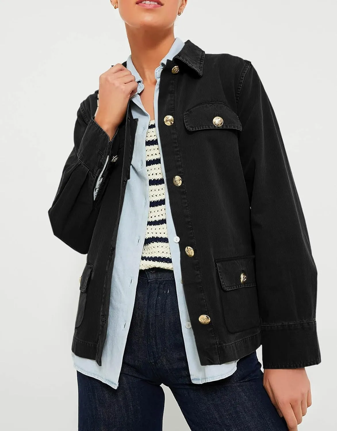 Tankaneo Womens Oversized Casual Jackets Military Utility Button Down Long Sleeve Cotton Shacket