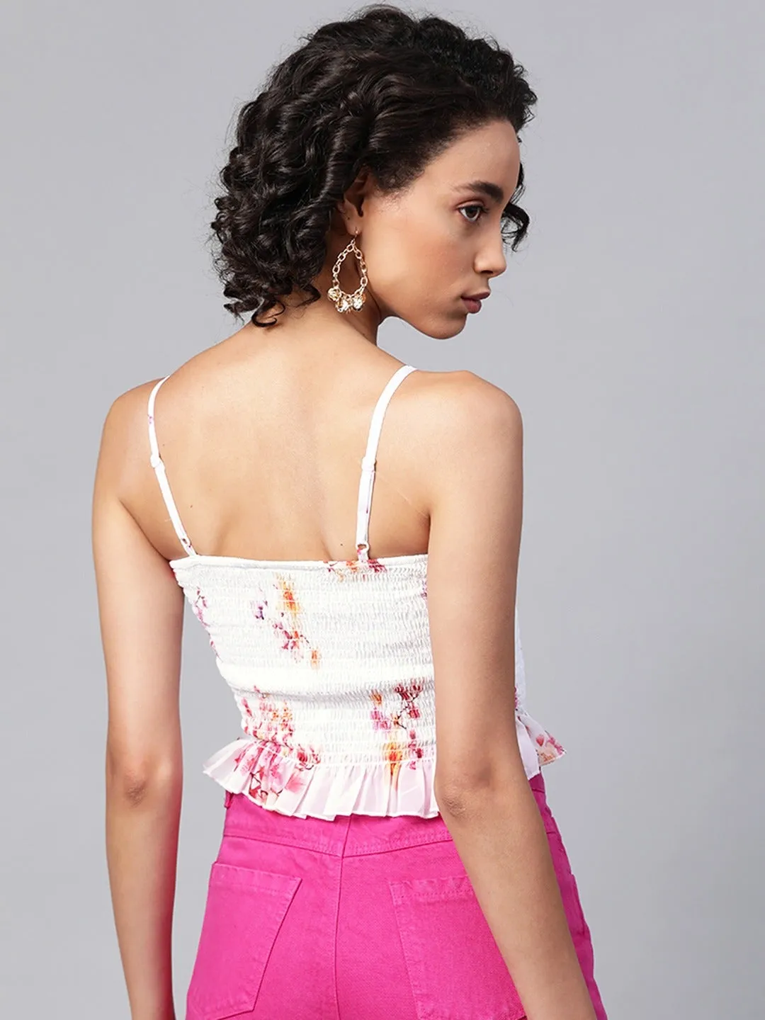 White Floral Smocked Strappy Crop Top