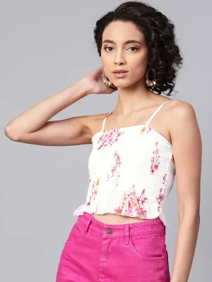 White Floral Smocked Strappy Crop Top