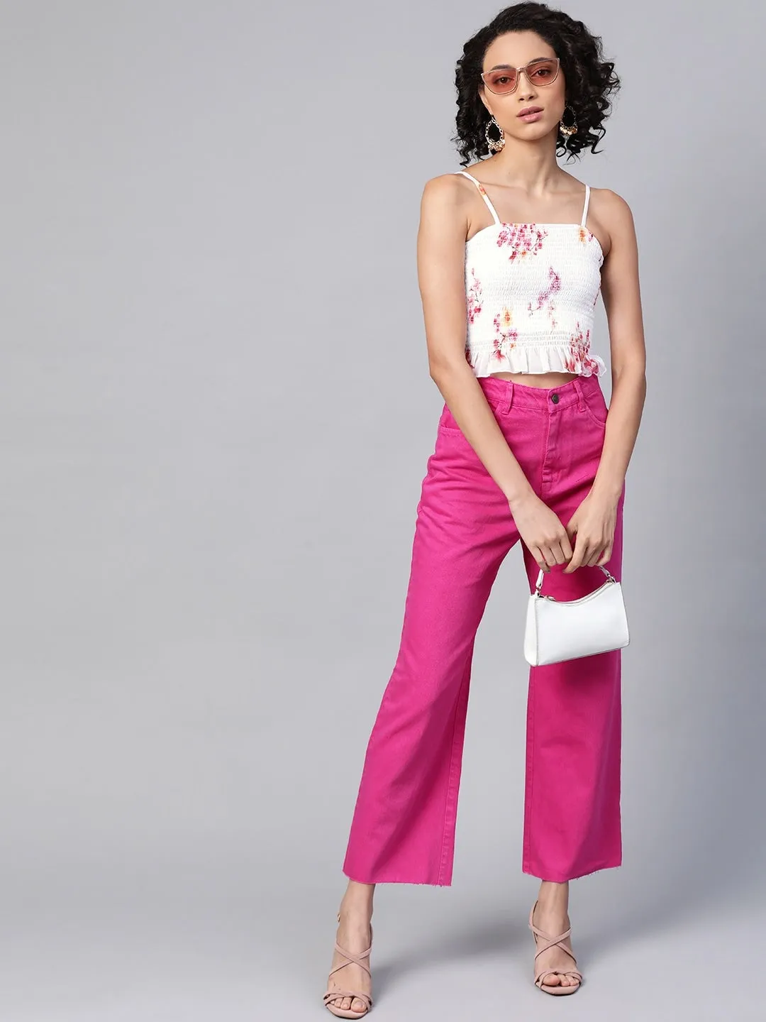 White Floral Smocked Strappy Crop Top