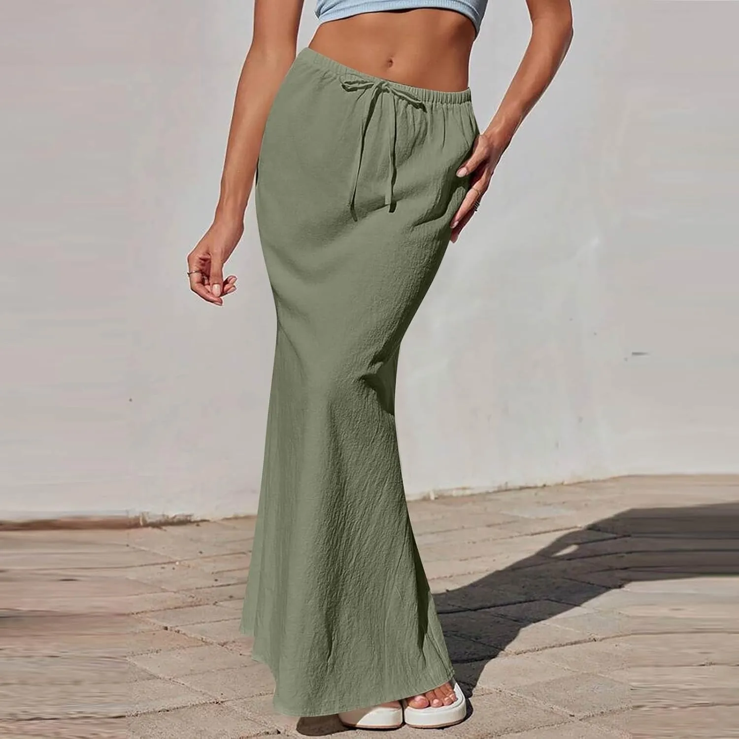 Womens Summer Maxi Skirt Drawstring High Elastic Waist Skirts Linen Flared Skirt Slim Fitted Going Out Casual Midi Skirts