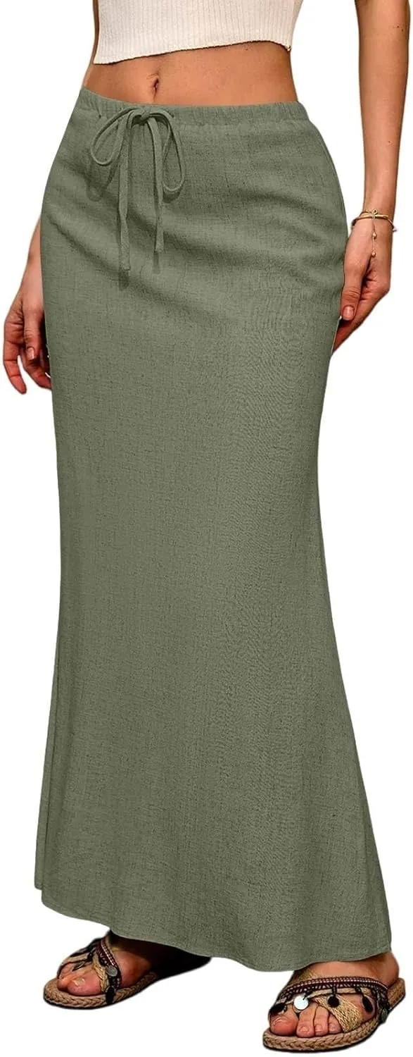 Womens Summer Maxi Skirt Drawstring High Elastic Waist Skirts Linen Flared Skirt Slim Fitted Going Out Casual Midi Skirts