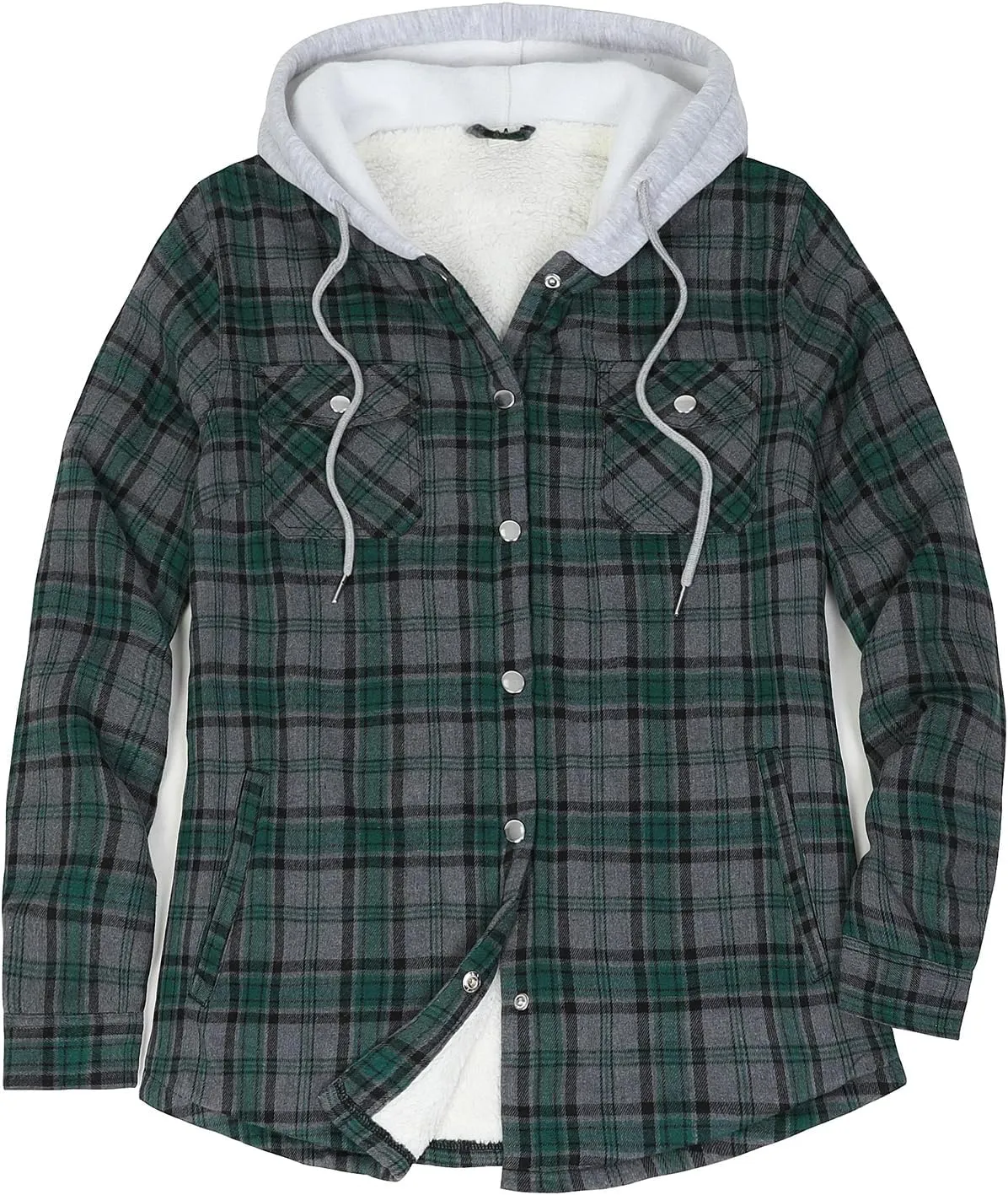 ZENTHACE Women's Flannel Shirt Jacket with Hood,Sherpa Lined Plaid Shacket Jackets,Snap Button Front