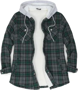 ZENTHACE Women's Flannel Shirt Jacket with Hood,Sherpa Lined Plaid Shacket Jackets,Snap Button Front